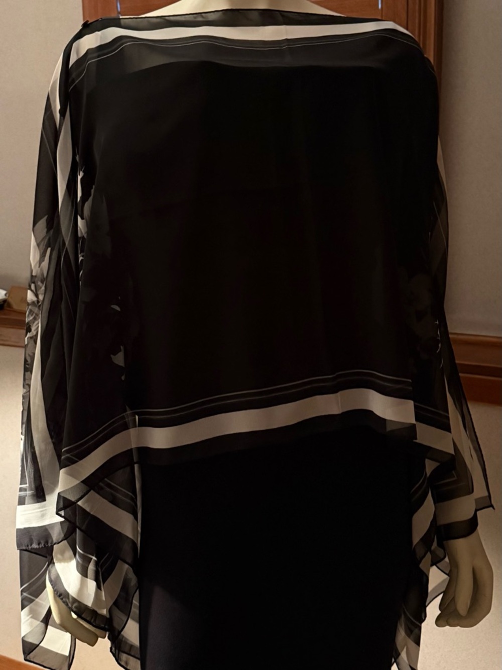 Black Sheer Poncho Top with White Stripe Detail